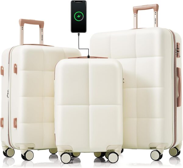 Merax Hardshell Luggage Sets 3 Pieces 4 Spinner Wheel with USB Port, Cream White, 20/24/28 Inch