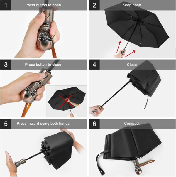 Lejorain Mens Black Skull Umbrella - Automatic Luxury Travel Windproof Umbrella Compact - Portable Strong Lightweight Rain Umbrella for Adults - Image 3