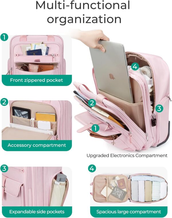 BAGSMART Carry on Luggage with Wheels, 16-inch Underseat Travel Suitcase Airline approved, Lightweight Softside Carry-on Luggage for Airplanes Women Overnight Rolling Bags for Short Trip, Baby Pink - Image 4