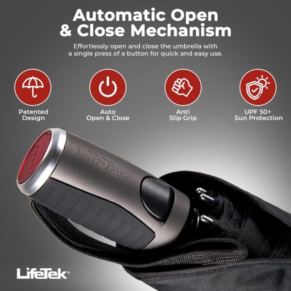 LifeTek Windproof Travel Umbrella, Automatic Open Close, Compact for Rain and Sun, Fits in Purse or Backpack, Strong Lightweight Durable Frame, UV Protection, Small and Portable - Image 3
