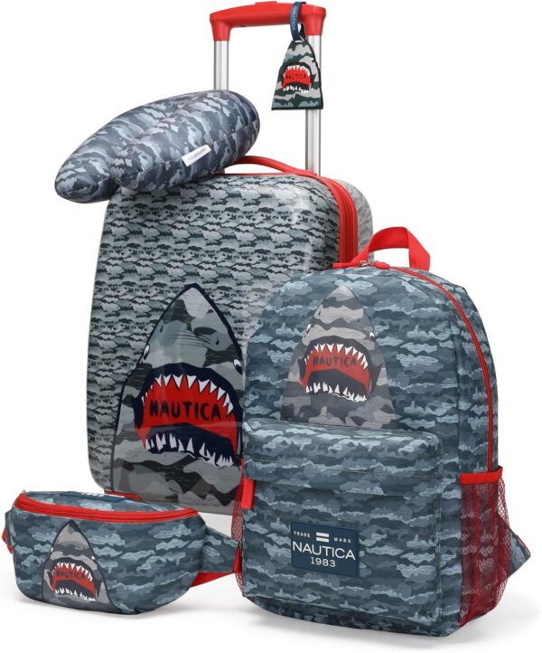 NAUTICA Kids Luggage - 18" Airline Approved Rolling Hardside Upright Carry-on Suitcase Set with Wheels (Shark Attack | 5pc Travel Set)