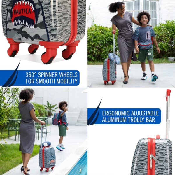 NAUTICA Kids Luggage - 18" Airline Approved Rolling Hardside Upright Carry-on Suitcase Set with Wheels (Shark Attack | 5pc Travel Set) - Image 2