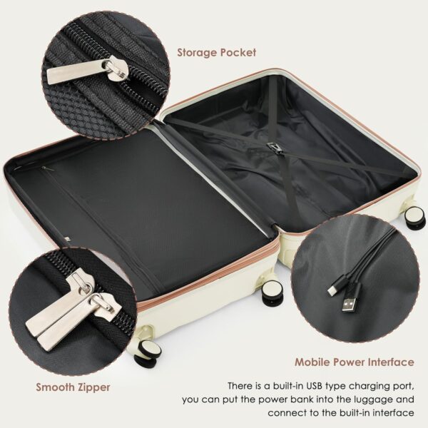 Merax Hardshell Luggage Sets 3 Pieces 4 Spinner Wheel with USB Port, Cream White, 20/24/28 Inch - Image 4