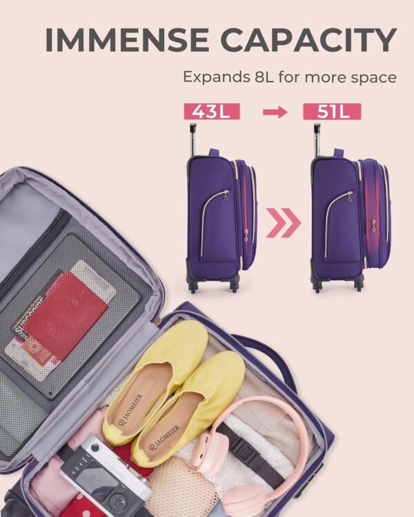 BAGSMART Carry On Luggage 20 Inch, Expandable Suitcase, Luggage with Duffel Airline Approved Rolling Softside Lightweight Suitcases with Front Pocket for Women Men, Carry-On Purple - Image 2
